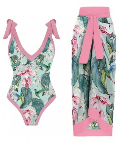 Women One Piece Swimsuit Vintage Floral Bathing Suits with Cover up Wrap Skirts Sarongs 2 Piece Monokini Beachwear Pink $24.2...