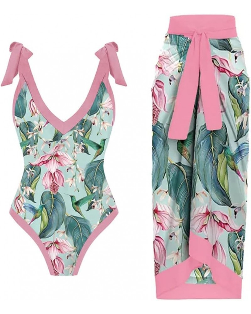 Women One Piece Swimsuit Vintage Floral Bathing Suits with Cover up Wrap Skirts Sarongs 2 Piece Monokini Beachwear Pink $24.2...