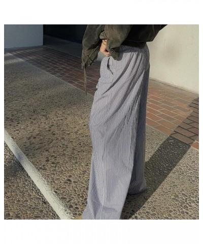 Women Y2K Striped Pants Low Rise Wide Leg Drawstring Loose Fit Lounge Pants with Pockets Comfy Ease PJ Bottoms Ac2-ac-dark Bl...