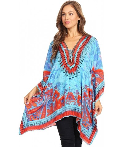 Aymee Women's Caftan Poncho Cover up V Neck Top Lace up with Rhinestone Ort72-turq $24.29 Swimsuits