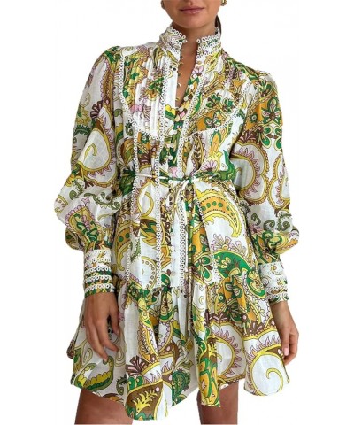 Women's Bohemian Floral Print Button Down Long Lantern Sleeve Shift Tunic Dress Casual Ruffle Swing Mini Dress Green $51.40 D...