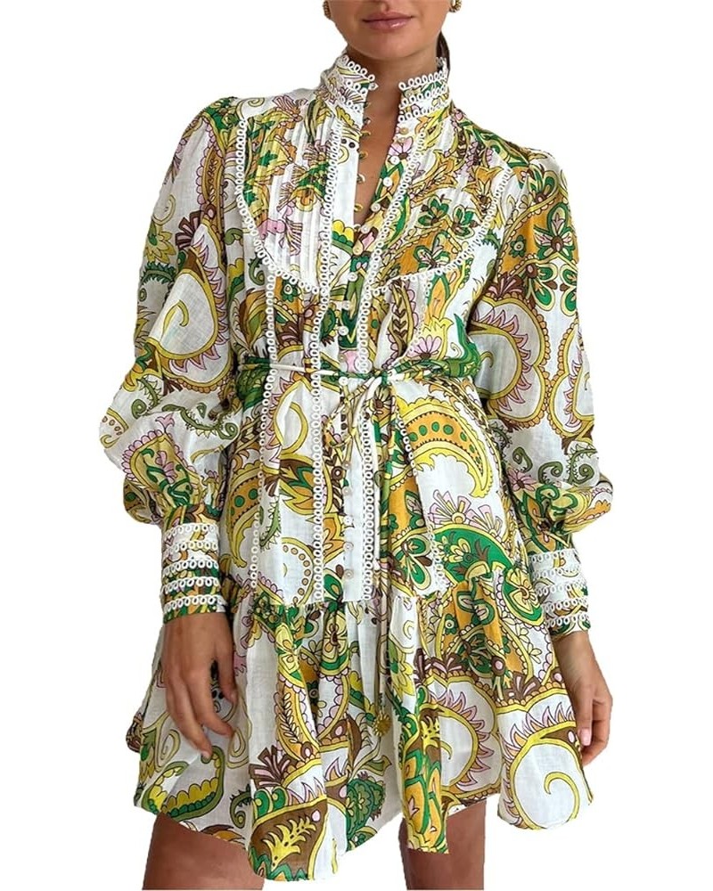 Women's Bohemian Floral Print Button Down Long Lantern Sleeve Shift Tunic Dress Casual Ruffle Swing Mini Dress Green $51.40 D...