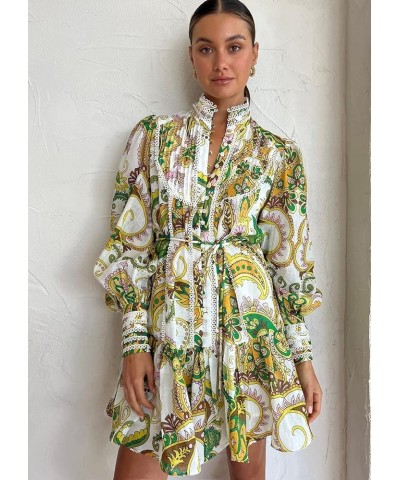 Women's Bohemian Floral Print Button Down Long Lantern Sleeve Shift Tunic Dress Casual Ruffle Swing Mini Dress Green $51.40 D...