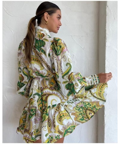 Women's Bohemian Floral Print Button Down Long Lantern Sleeve Shift Tunic Dress Casual Ruffle Swing Mini Dress Green $51.40 D...