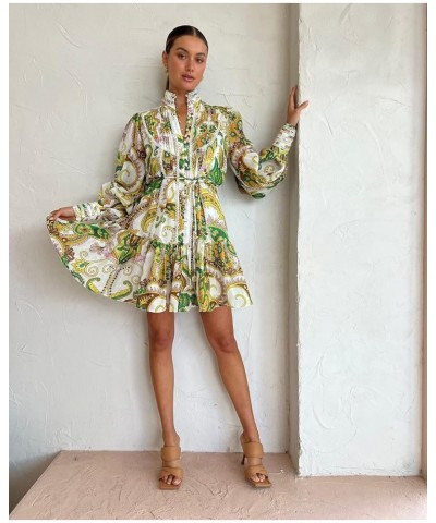 Women's Bohemian Floral Print Button Down Long Lantern Sleeve Shift Tunic Dress Casual Ruffle Swing Mini Dress Green $51.40 D...