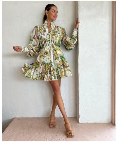 Women's Bohemian Floral Print Button Down Long Lantern Sleeve Shift Tunic Dress Casual Ruffle Swing Mini Dress Green $51.40 D...