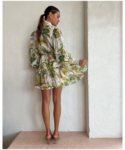 Women's Bohemian Floral Print Button Down Long Lantern Sleeve Shift Tunic Dress Casual Ruffle Swing Mini Dress Green $51.40 D...