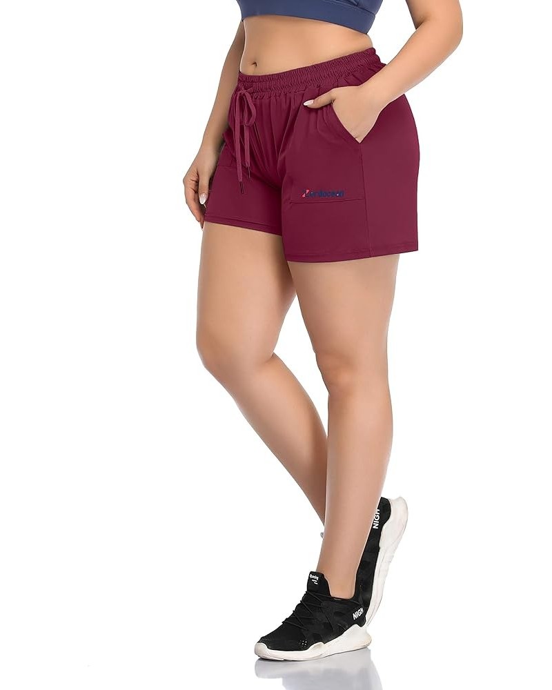 Women's Plus Size Fitness Running Sports Shorts Gym Athletic Shorts Drawstring Waist with Side Pockets Wine Red $10.81 Active...