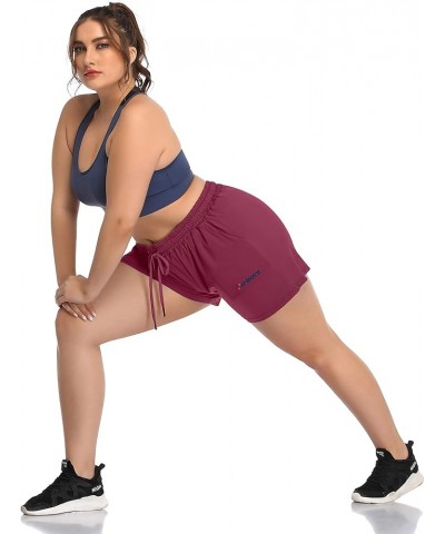 Women's Plus Size Fitness Running Sports Shorts Gym Athletic Shorts Drawstring Waist with Side Pockets Wine Red $10.81 Active...