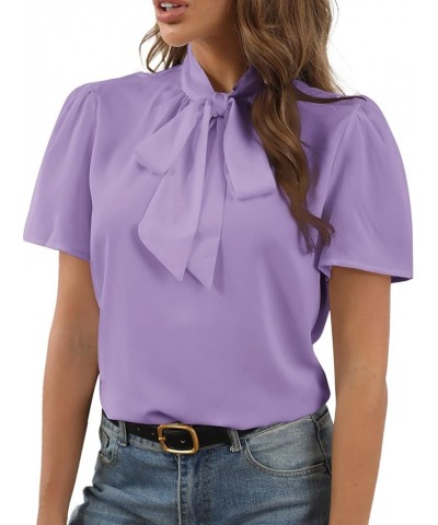 Women's Bow Tie Knot Mock Neck Short Sleeve Elegant Workwear Blouse Shirt Top Light Purple $15.19 Blouses