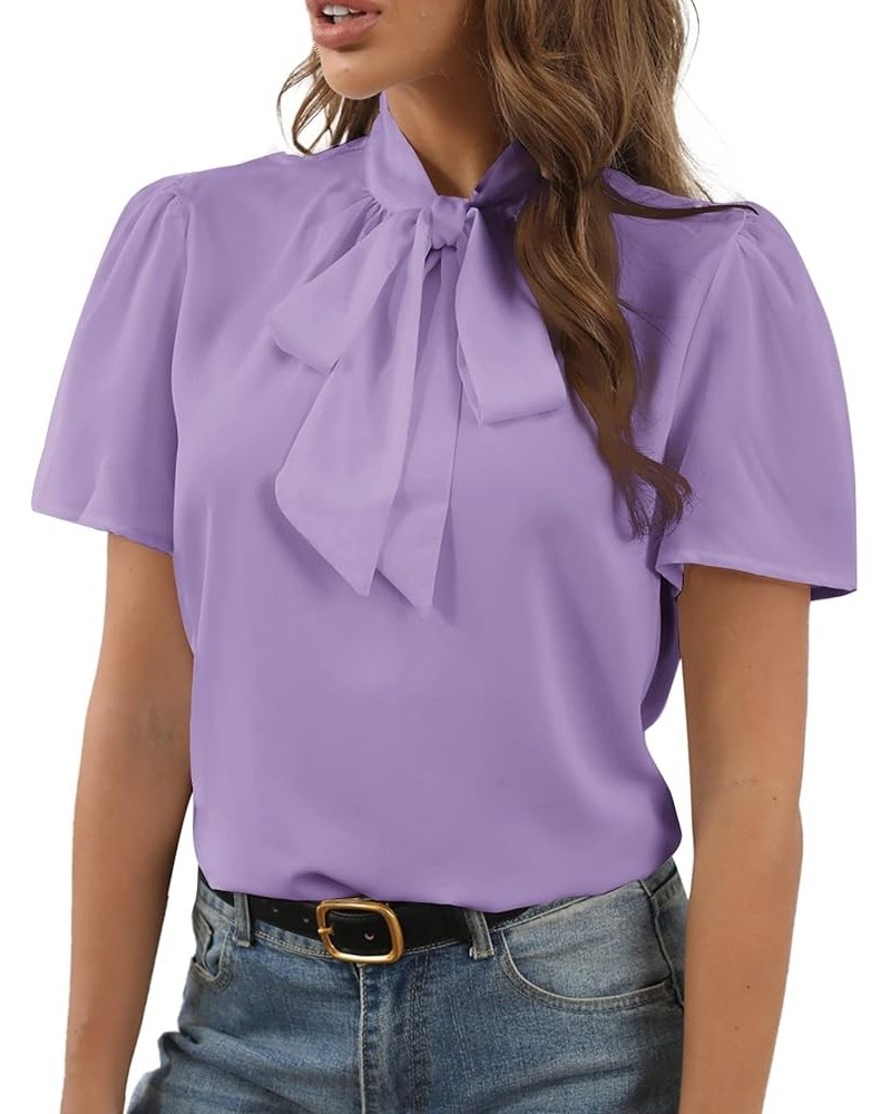 Women's Bow Tie Knot Mock Neck Short Sleeve Elegant Workwear Blouse Shirt Top Light Purple $15.19 Blouses