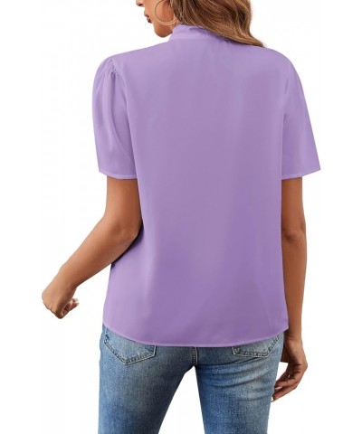 Women's Bow Tie Knot Mock Neck Short Sleeve Elegant Workwear Blouse Shirt Top Light Purple $15.19 Blouses