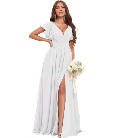 Long Bridesmaid Dresses for Women V Neck Short Sleeve Leg Slit A Line Corset Back Chiffon Maid of Honor Dress White $28.04 Dr...