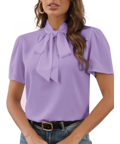 Women's Bow Tie Knot Mock Neck Short Sleeve Elegant Workwear Blouse Shirt Top Light Purple $15.19 Blouses