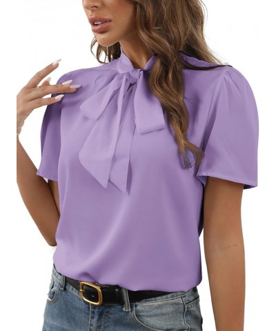 Women's Bow Tie Knot Mock Neck Short Sleeve Elegant Workwear Blouse Shirt Top Light Purple $15.19 Blouses