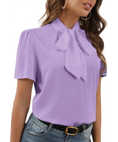 Women's Bow Tie Knot Mock Neck Short Sleeve Elegant Workwear Blouse Shirt Top Light Purple $15.19 Blouses