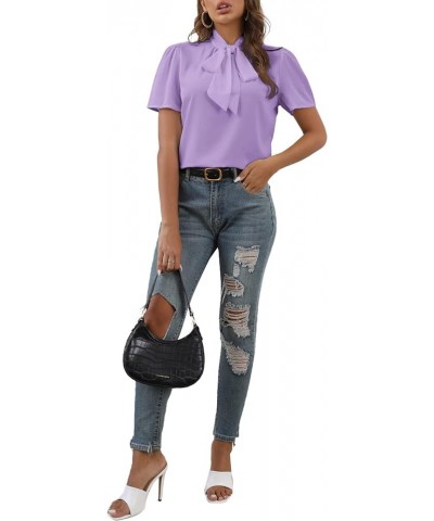 Women's Bow Tie Knot Mock Neck Short Sleeve Elegant Workwear Blouse Shirt Top Light Purple $15.19 Blouses