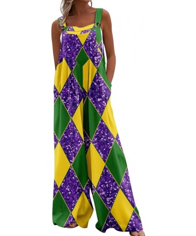 Mardi Gras Jumpsuits Women Casual Loose Overalls One Piece Sequin Printed Sleeveless Wide Leg Rompers with Pockets 05-green $...