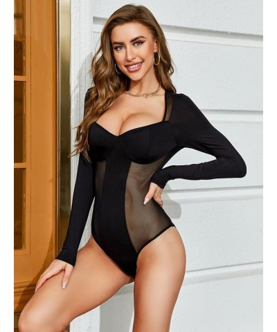 Women's Sheer Mesh Sweetheart Neck Long Sleeve Skinny Bodysuit Tops Black $17.50 Lingerie