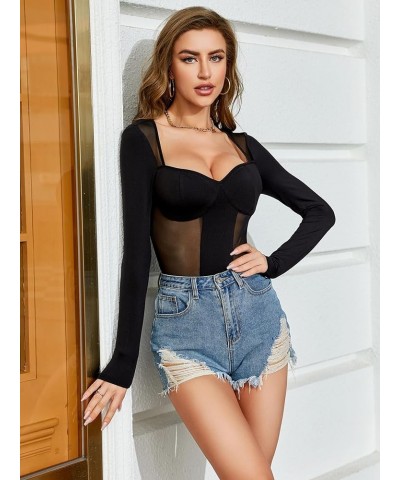 Women's Sheer Mesh Sweetheart Neck Long Sleeve Skinny Bodysuit Tops Black $17.50 Lingerie