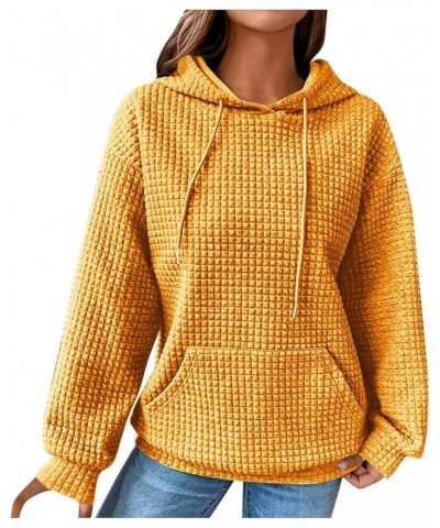 Hoodies For Women Casual Fashion Waffle Solid Color Drawstring Long Sleeve Crew Neck/Button hooded Pullover Sweatshirts 01yel...