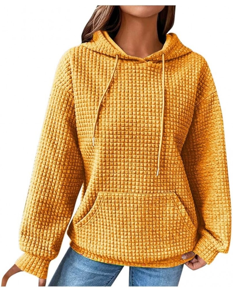 Hoodies For Women Casual Fashion Waffle Solid Color Drawstring Long Sleeve Crew Neck/Button hooded Pullover Sweatshirts 01yel...