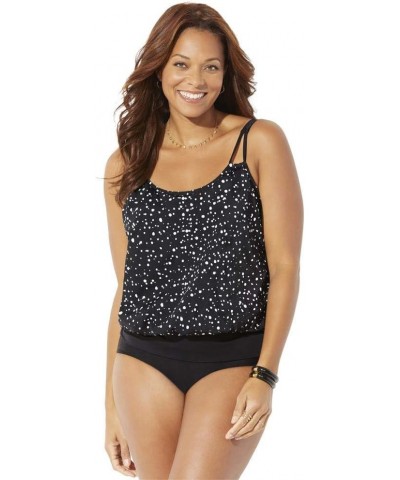 Women's Plus Size Loop Strap Blouson Tankini Set Black White Dot, Black $28.66 Swimsuits