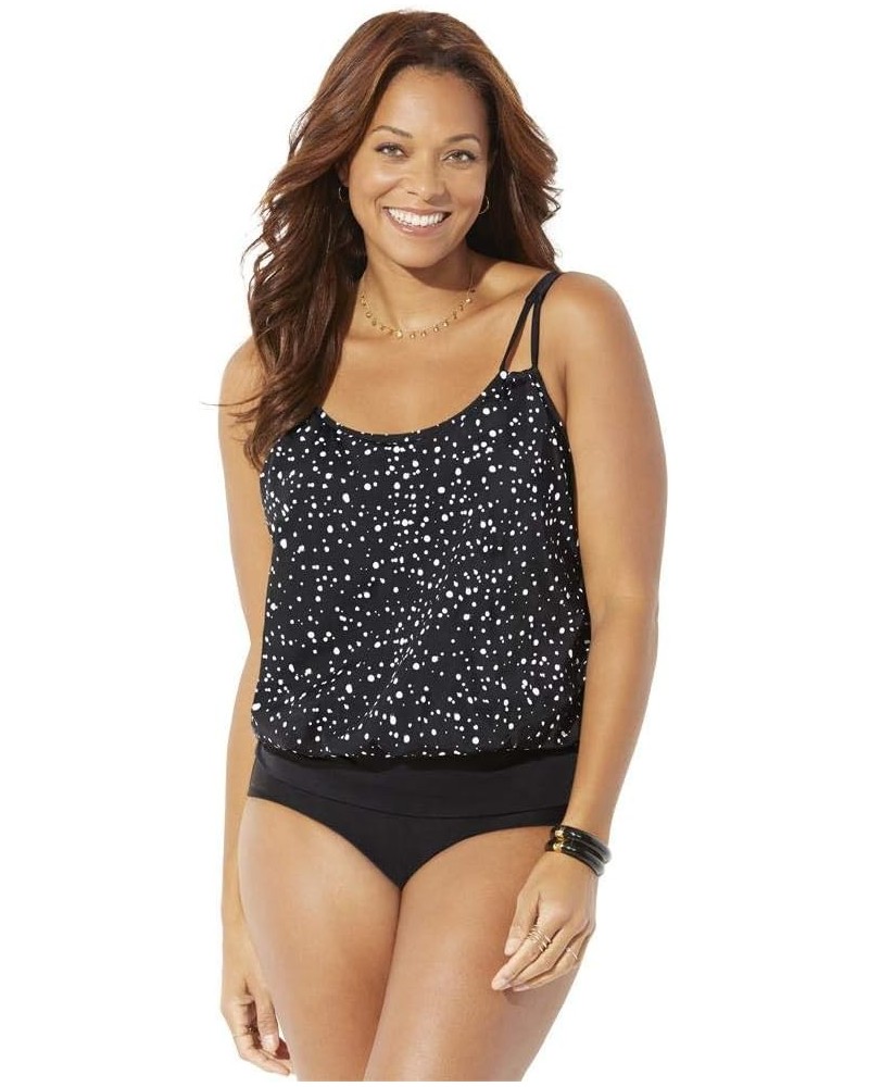 Women's Plus Size Loop Strap Blouson Tankini Set Black White Dot, Black $28.66 Swimsuits