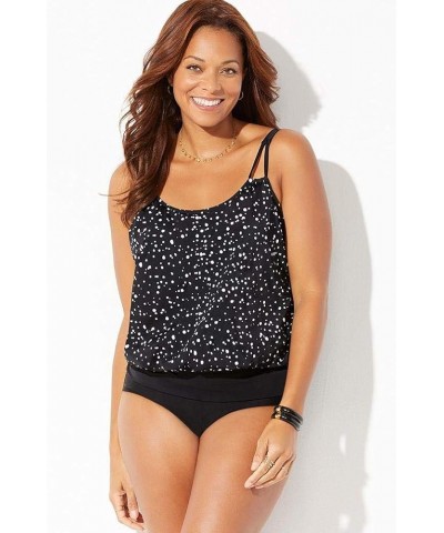 Women's Plus Size Loop Strap Blouson Tankini Set Black White Dot, Black $28.66 Swimsuits