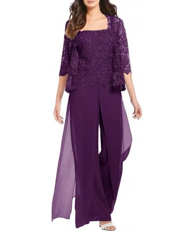 3 Pieces Mother of The Bride Pant Suits Chiffon Lace Grandmother Wedding Guest Groom Formal Ladies Evening Pantsuits Grape $3...