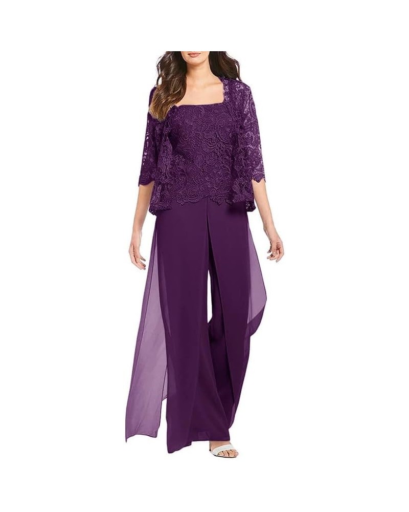 3 Pieces Mother of The Bride Pant Suits Chiffon Lace Grandmother Wedding Guest Groom Formal Ladies Evening Pantsuits Grape $3...