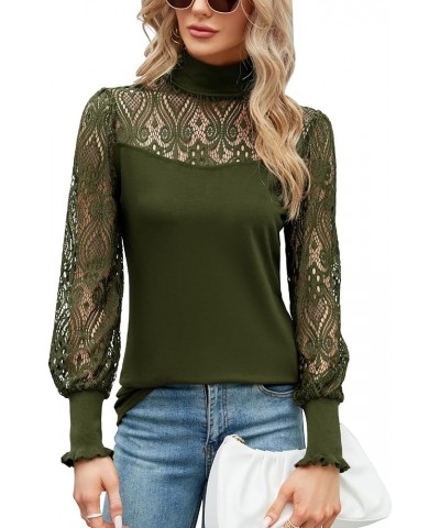 Women Casual Lace Top Long Sleeve Turtleneck Stretch Slim T Shirt Crochet Lace Blouse Tunic Tops Army Green $17.27 Tops