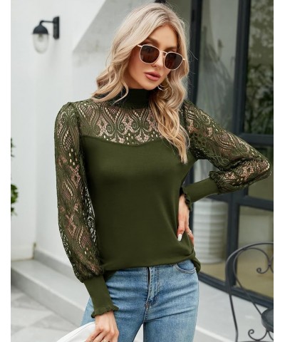 Women Casual Lace Top Long Sleeve Turtleneck Stretch Slim T Shirt Crochet Lace Blouse Tunic Tops Army Green $17.27 Tops