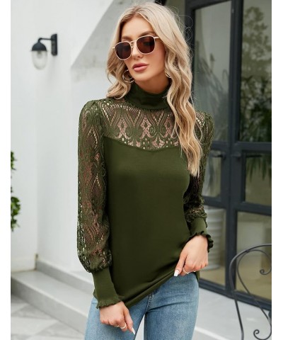 Women Casual Lace Top Long Sleeve Turtleneck Stretch Slim T Shirt Crochet Lace Blouse Tunic Tops Army Green $17.27 Tops