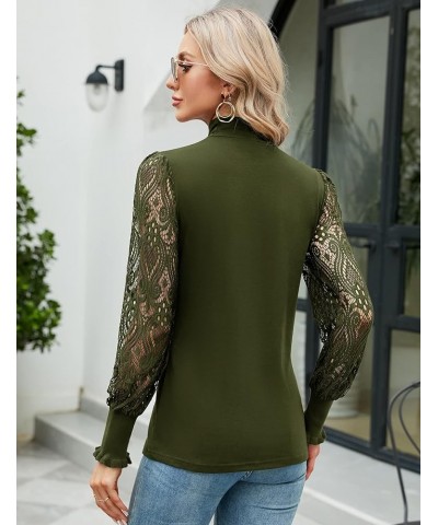 Women Casual Lace Top Long Sleeve Turtleneck Stretch Slim T Shirt Crochet Lace Blouse Tunic Tops Army Green $17.27 Tops