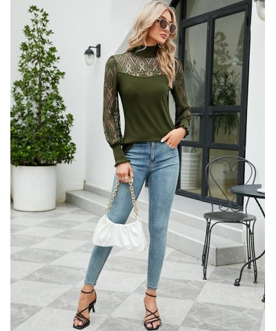 Women Casual Lace Top Long Sleeve Turtleneck Stretch Slim T Shirt Crochet Lace Blouse Tunic Tops Army Green $17.27 Tops