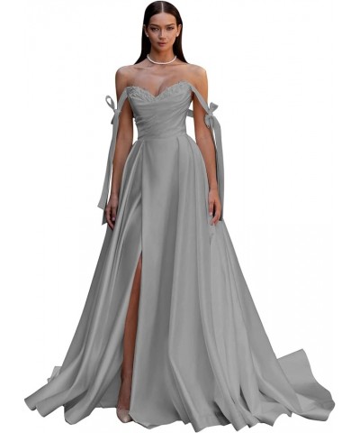 Satin Prom Dress 2024 Off The Shoulder Ball Gown Long Wedding Dress A-Line Applique Formal Evening Gown with Slit Silver $35....