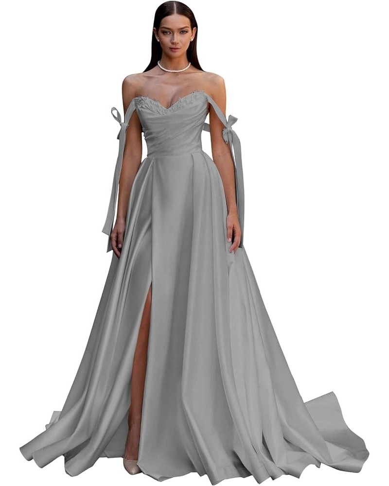 Satin Prom Dress 2024 Off The Shoulder Ball Gown Long Wedding Dress A-Line Applique Formal Evening Gown with Slit Silver $35....