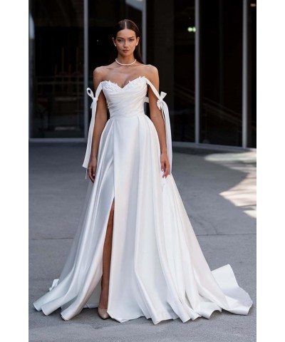 Satin Prom Dress 2024 Off The Shoulder Ball Gown Long Wedding Dress A-Line Applique Formal Evening Gown with Slit Silver $35....