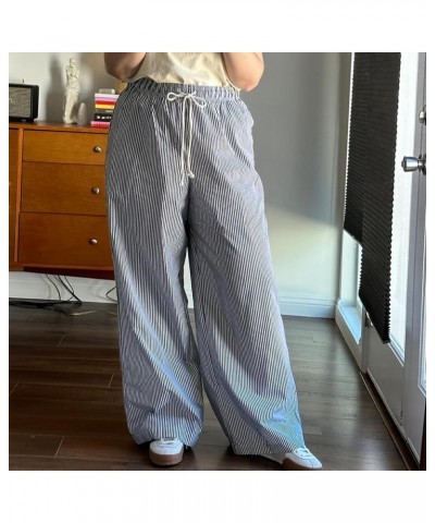 Women Y2K Striped Pants Low Rise Wide Leg Drawstring Loose Fit Lounge Pants with Pockets Comfy Ease PJ Bottoms Ac2-ac-dark Bl...