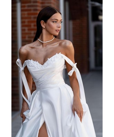 Satin Prom Dress 2024 Off The Shoulder Ball Gown Long Wedding Dress A-Line Applique Formal Evening Gown with Slit Silver $35....