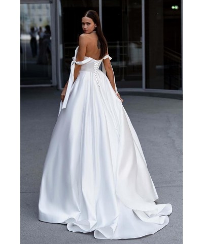 Satin Prom Dress 2024 Off The Shoulder Ball Gown Long Wedding Dress A-Line Applique Formal Evening Gown with Slit Silver $35....