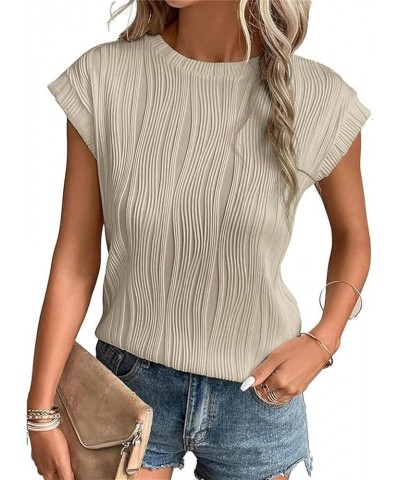 Womens Short Sleeve Textured Tops Crewneck Knit Solid Loose Shirts Casual Basic Wave Fashion T-Shirts Tees Blouses Khaki $7.1...