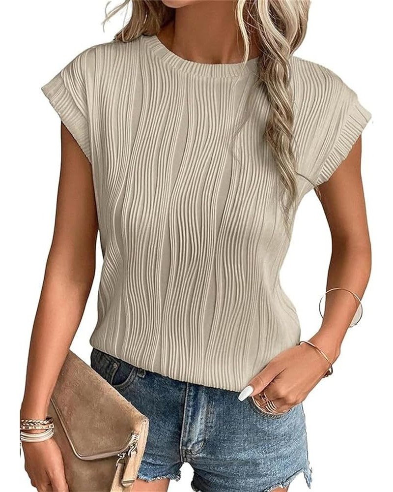 Womens Short Sleeve Textured Tops Crewneck Knit Solid Loose Shirts Casual Basic Wave Fashion T-Shirts Tees Blouses Khaki $7.1...