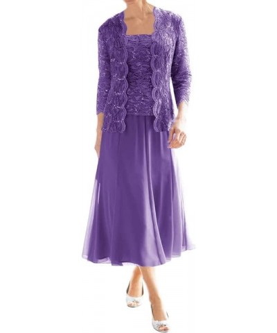 Mother of The Bride Dresses with Jacket Chiffon Tea Length Wedding Guest Dresses for Women Lace Formal Evening Dress Purple $...