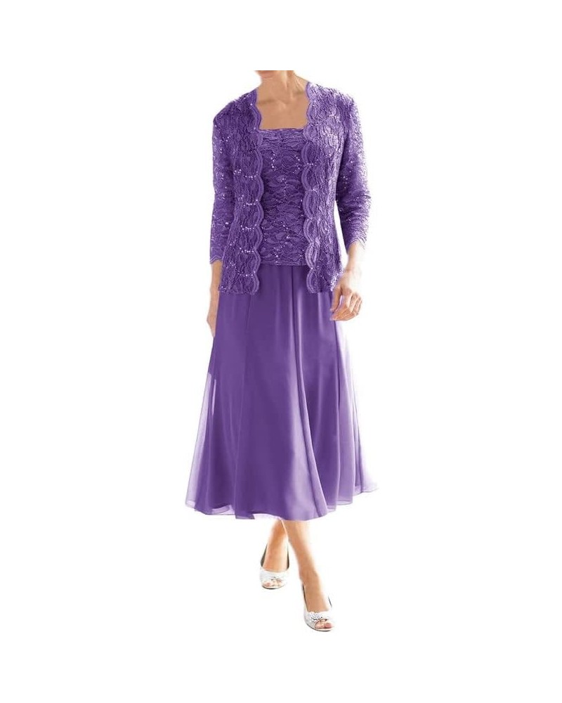 Mother of The Bride Dresses with Jacket Chiffon Tea Length Wedding Guest Dresses for Women Lace Formal Evening Dress Purple $...