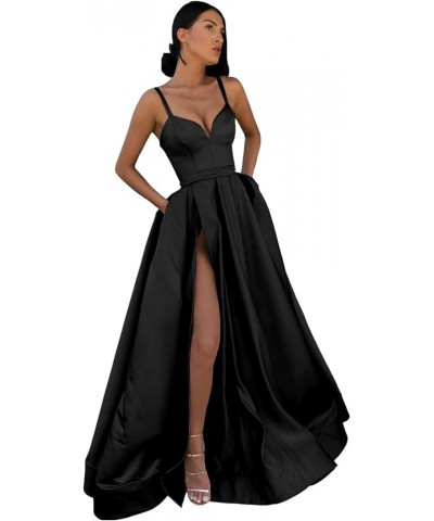 Women's Satin Prom Dresses Long Ball Gown V Neck High Slit Ruched Corset Formal Party Dress with Pockets Black $36.00 Dresses