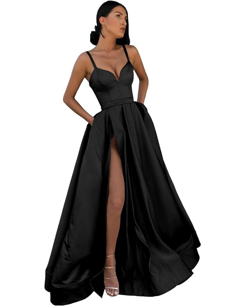 Women's Satin Prom Dresses Long Ball Gown V Neck High Slit Ruched Corset Formal Party Dress with Pockets Black $36.00 Dresses