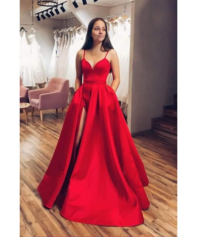 Women's Satin Prom Dresses Long Ball Gown V Neck High Slit Ruched Corset Formal Party Dress with Pockets Black $36.00 Dresses