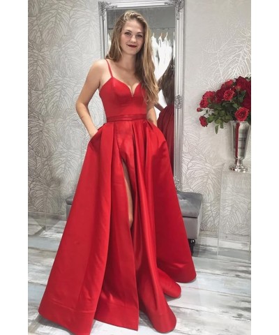 Women's Satin Prom Dresses Long Ball Gown V Neck High Slit Ruched Corset Formal Party Dress with Pockets Black $36.00 Dresses